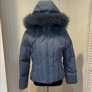 Lands' End Women's Blue Puffer Jacket with Faux Fur Hood